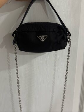 Prada Black Nylon Mini Shoulder Bag with Silver Chain Strap